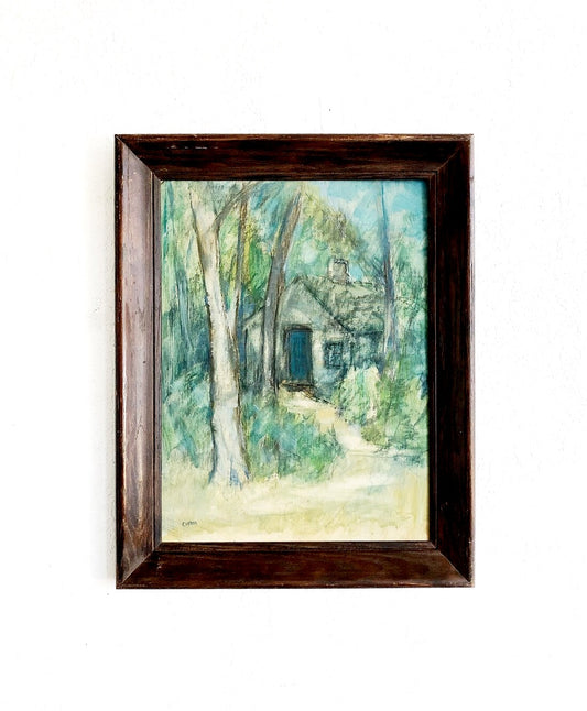 Large Mid Century Blue Cabin Painting