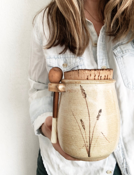 Vintage Stoneware Crock with Wood Spoon