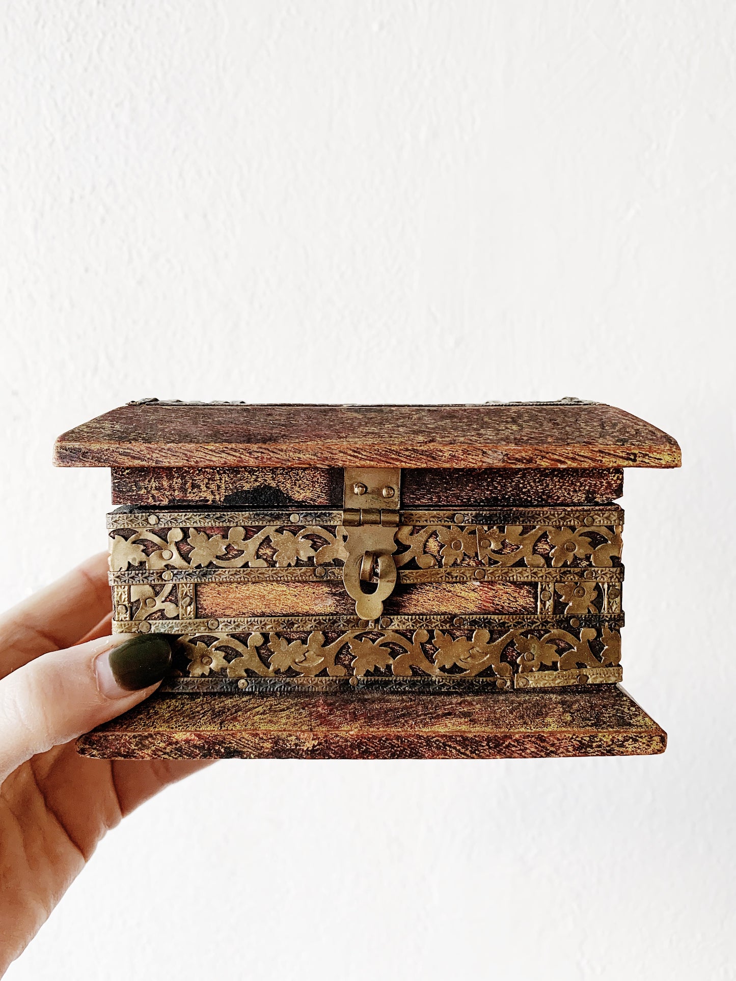 Antique Carved Wood With Brass Box