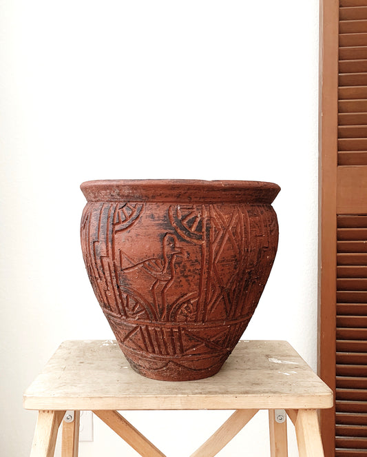 Vintage Incised Terra Cotta  Plant Pot