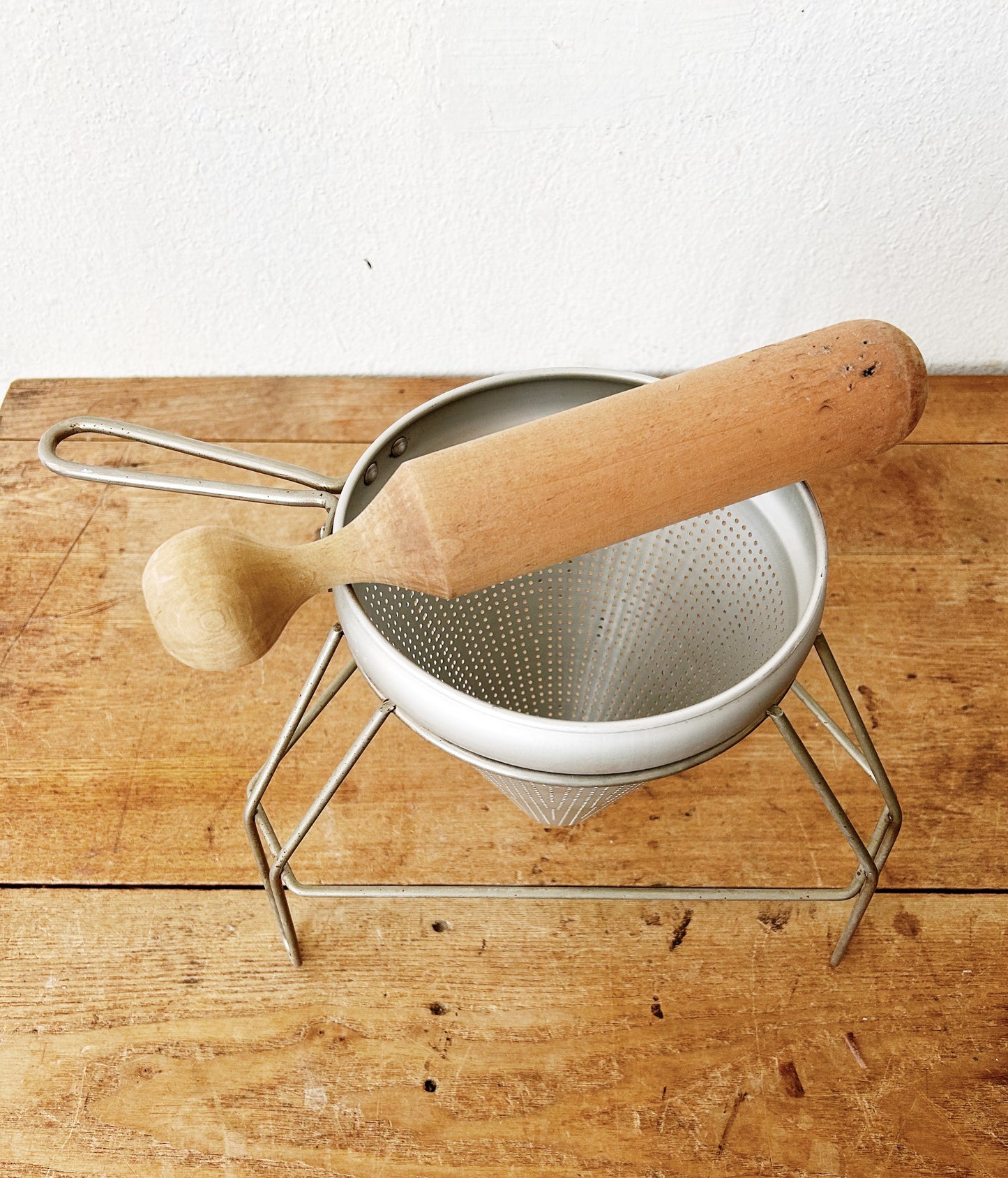 Vintage Metal Sieve with Stand and Wood Pestle