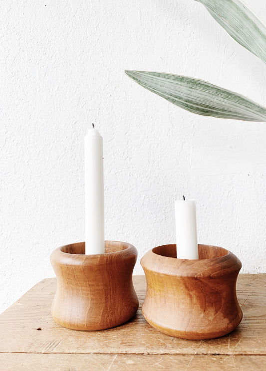 Mid Century Teak Candle Holder Pair
