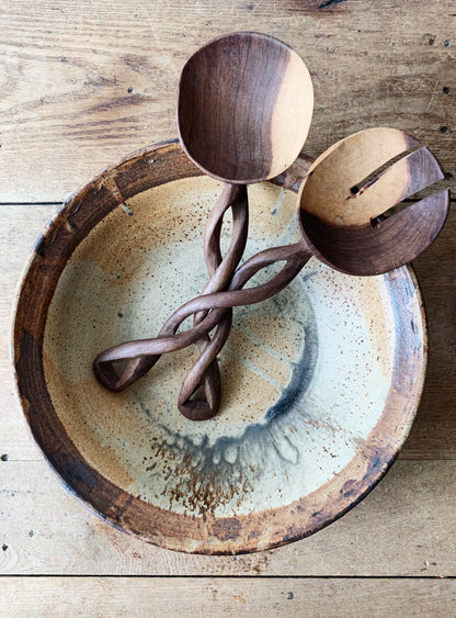 Large Pottery Bowl with Olive Wood Servers