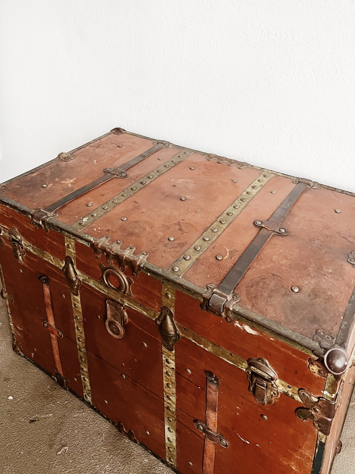 Tall Antique Leather Steamer Trunk