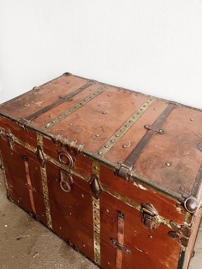 Tall Antique Leather Steamer Trunk