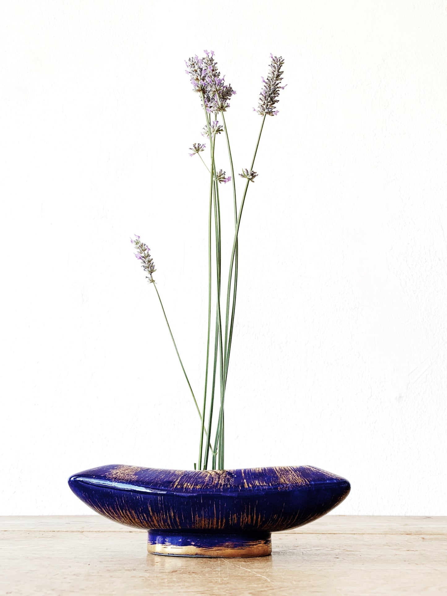 Mid Century Japanese Ceramic With Vintage Metal Flower Frog