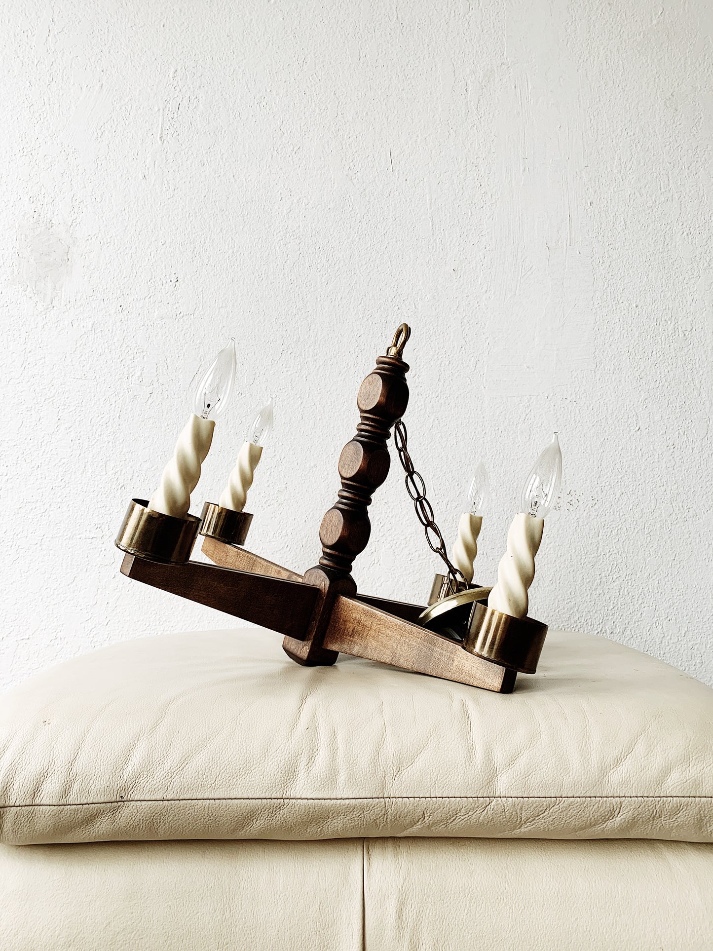 Vintage Wood and Brass Chandelier