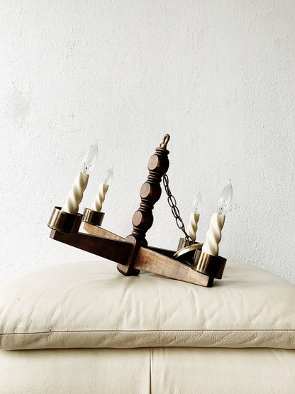Vintage Wood and Brass Chandelier