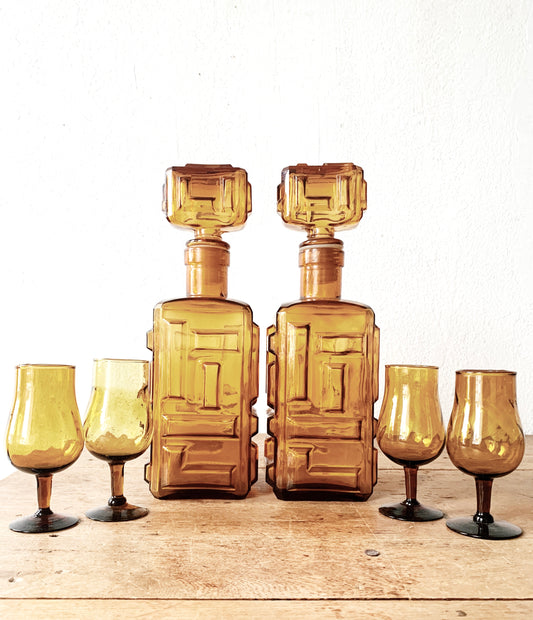 Mid Century Italian Amber Glass Decanters with Glasses