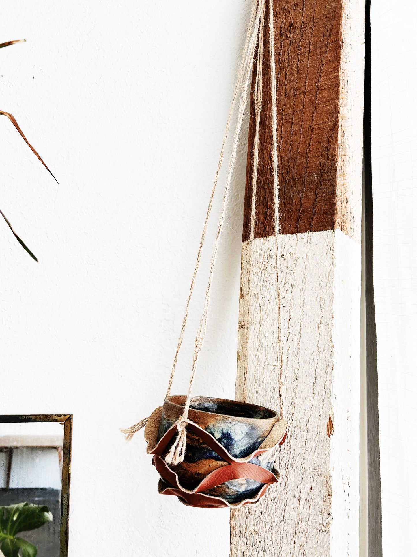 Handmade Leather Hanger with Vintage Stoneware Pot