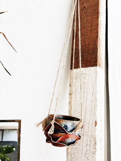 Handmade Leather Hanger with Vintage Stoneware Pot