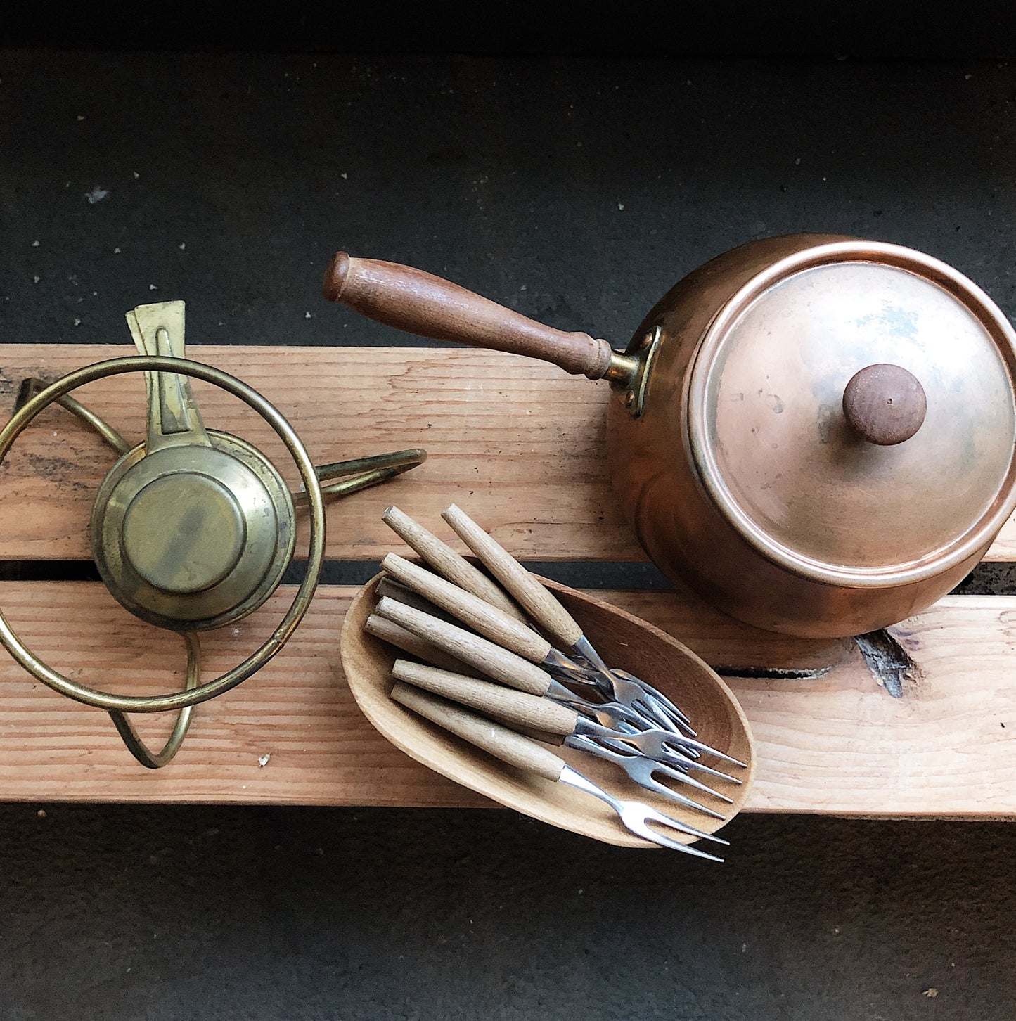 Mid Century Copper Fondue Pot and Forks