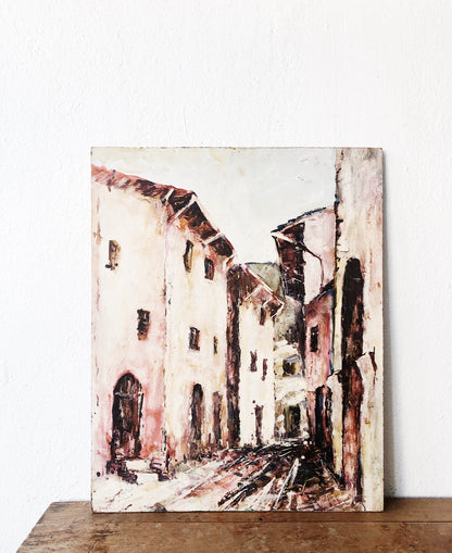Vintage Pastel Town Oil Painting