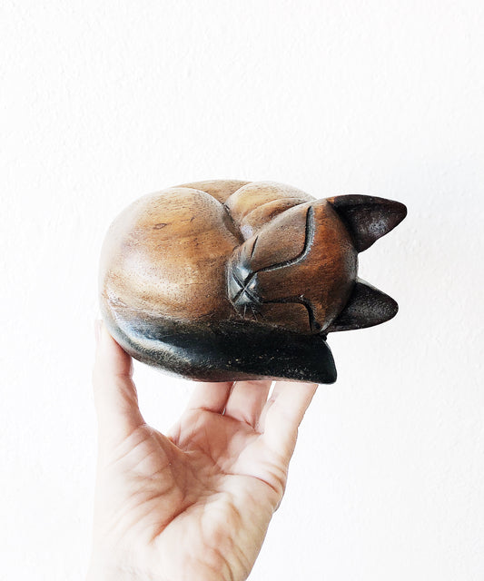 Vintage Carved Wood Sleeping Kitty