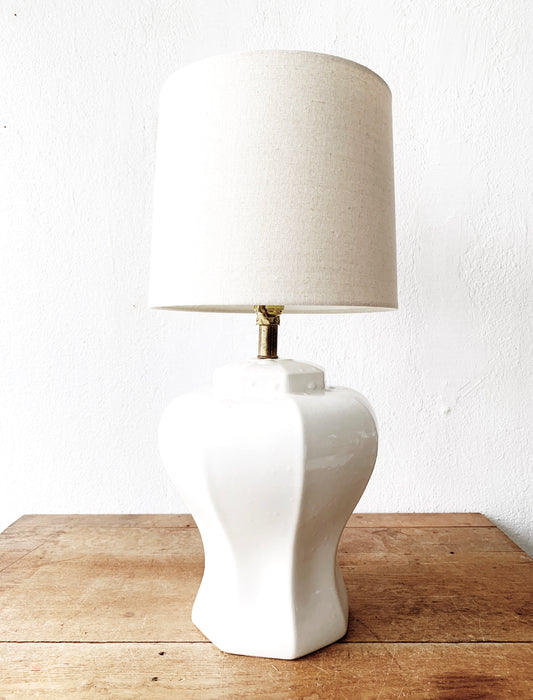 Vintage white Ceramic Lamp with Linen Shade