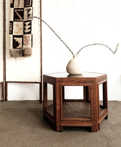 Vintage Wood Hexagon Coffee Table with Inlay Glass Top