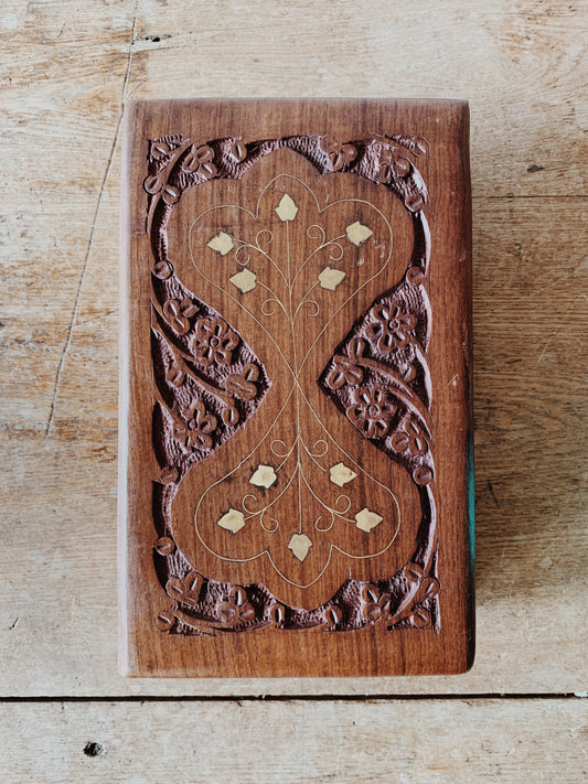 Vintage Carved Wood Box w Brass Inlay