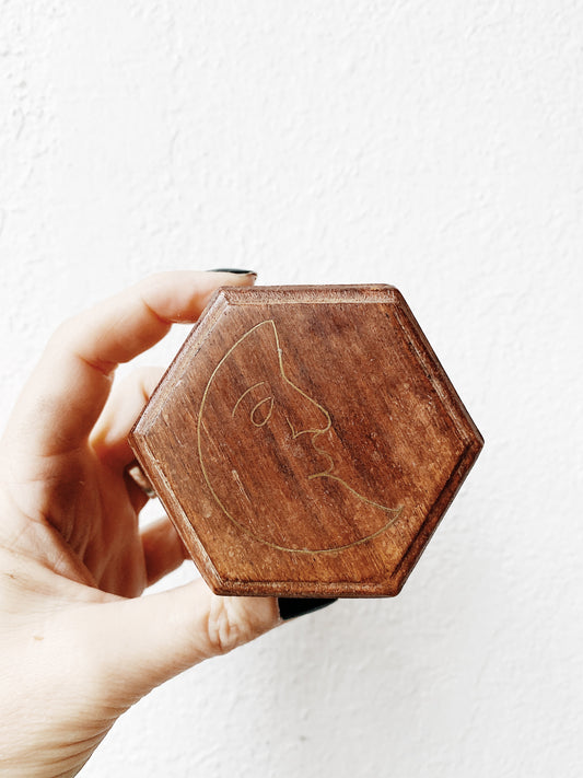 Vintage Wood Hexagon Box with Brass Moon