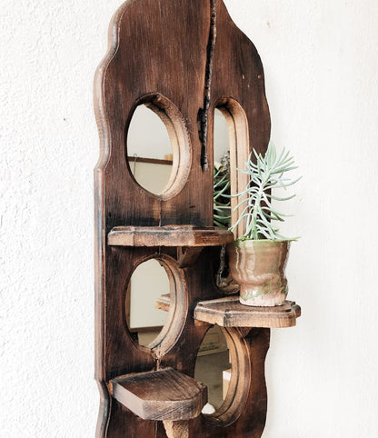 Vintage Handmade Worm Wood Mirror Shelf