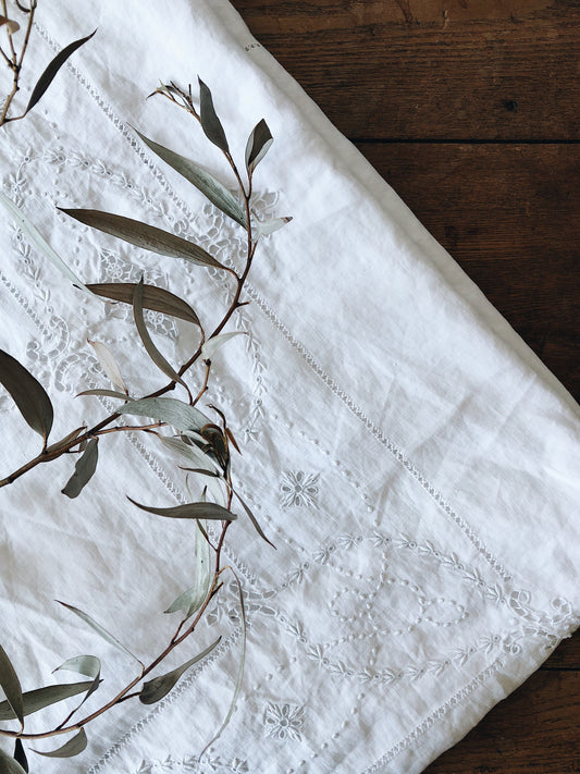 Antique Linen Embroidered Coverlet