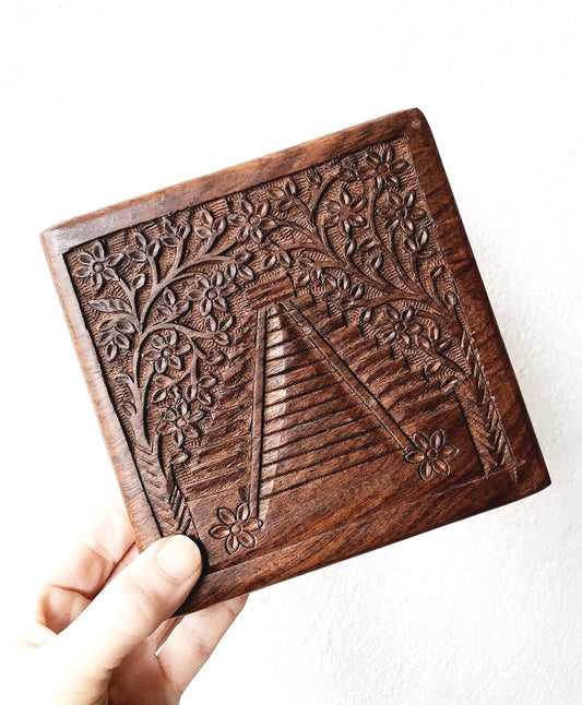 Vintage Carved Wood Box with Dividers