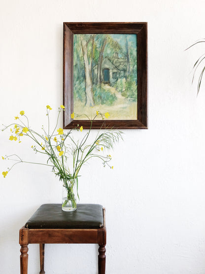 Large Mid Century Blue Cabin Painting