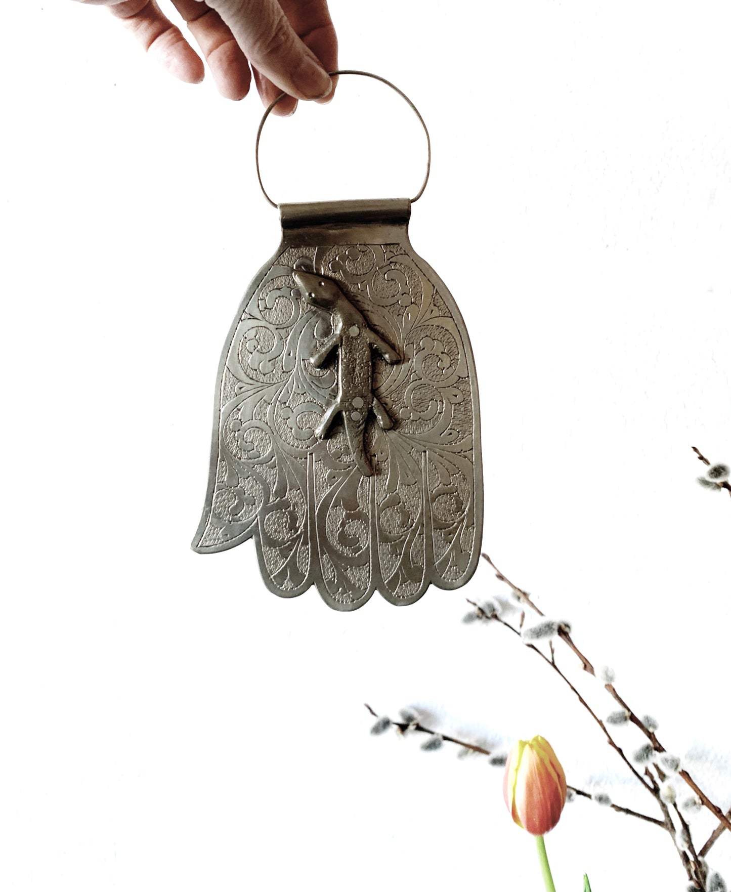 Vintage Incised Tin Hamsa with Lizard