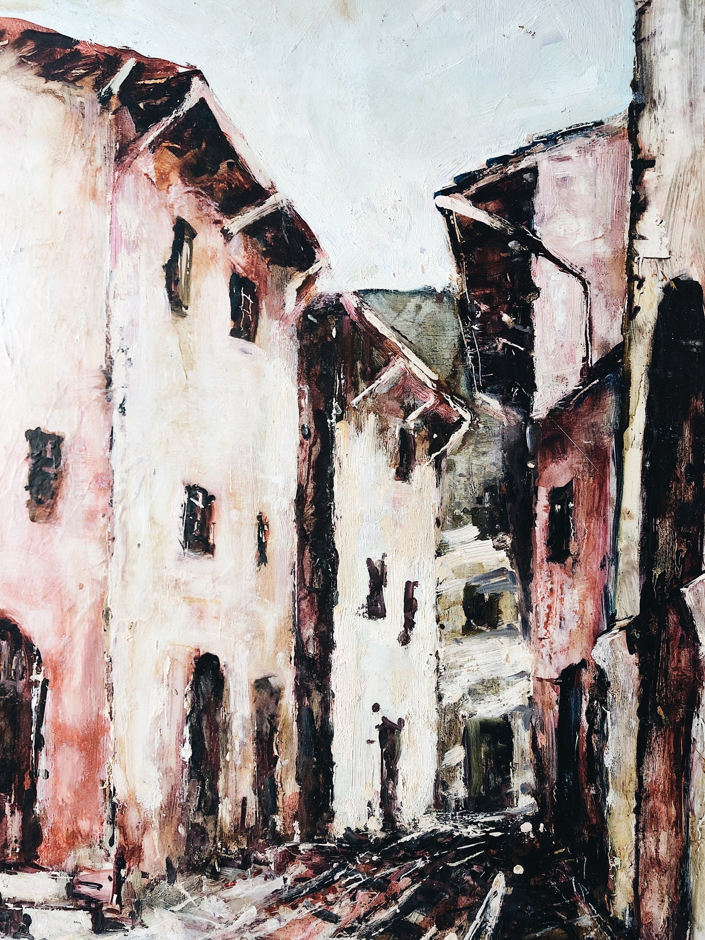 Vintage Pastel Town Oil Painting