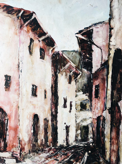 Vintage Pastel Town Oil Painting