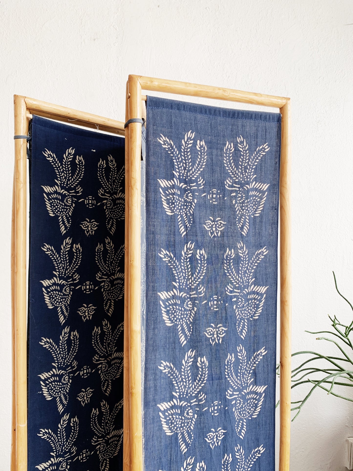 Vintage Bamboo Room Divider with Block Print Indigo Panels