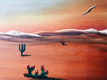 Vintage Sunset Desert Painting with Moon