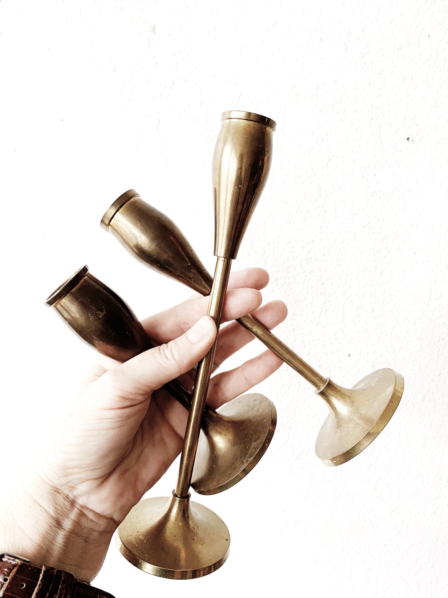 Vintage Aged Brass Candle Holder Trio