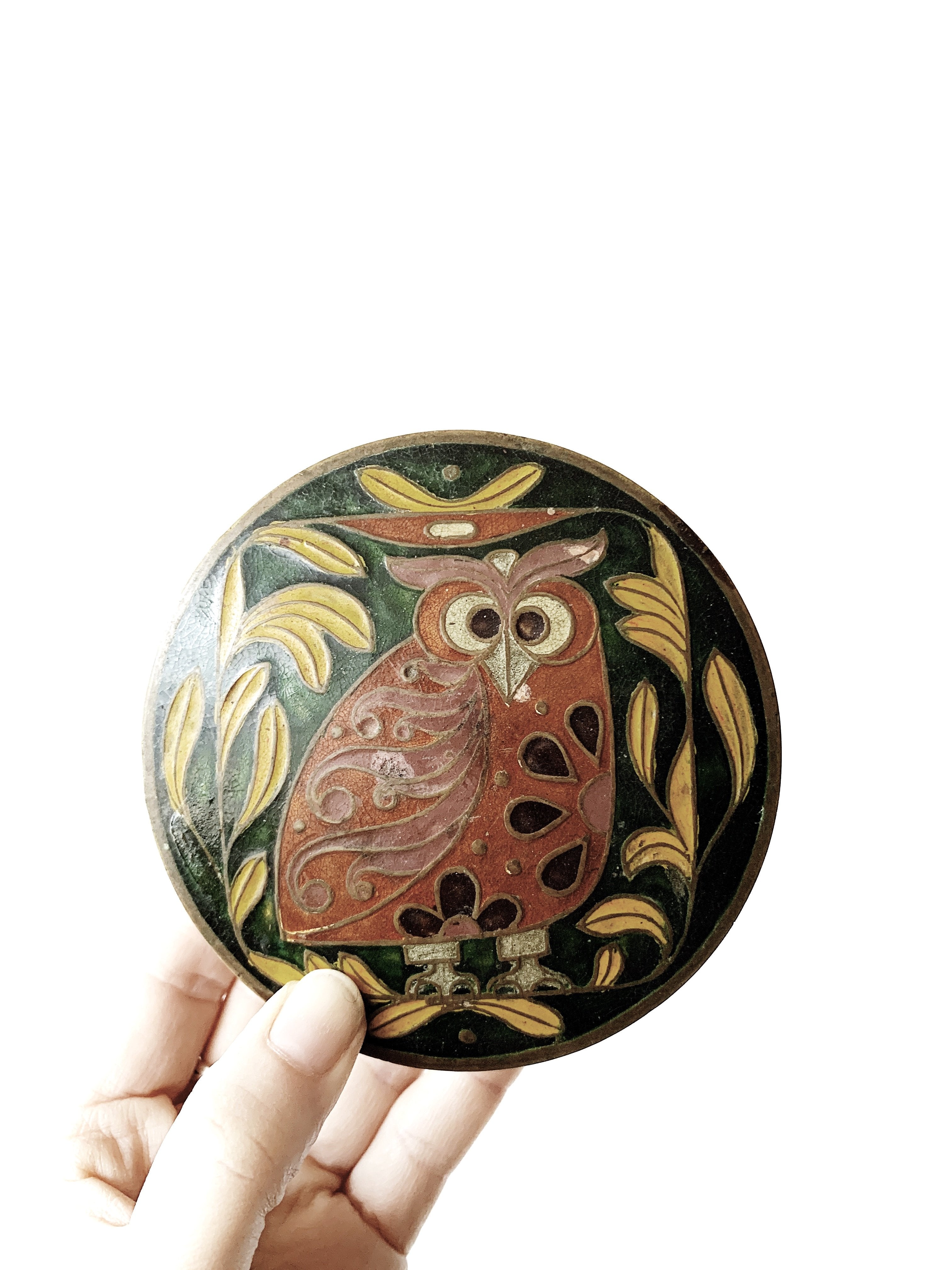 Vintage Enameled Lidded Brass Dish / Stash Box - Thumbnail 2