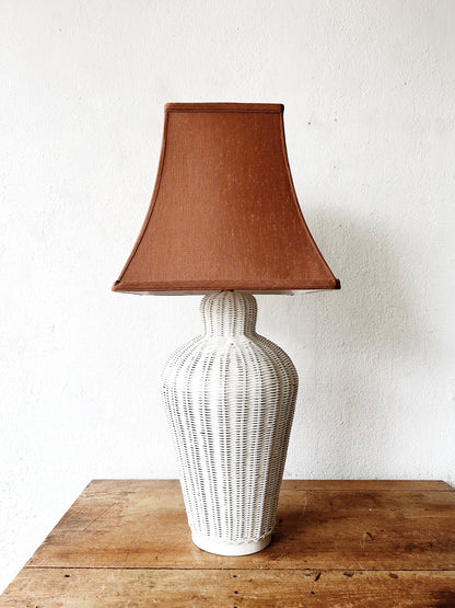 Tall Vintage Wicker Lamp with Silk Shade
