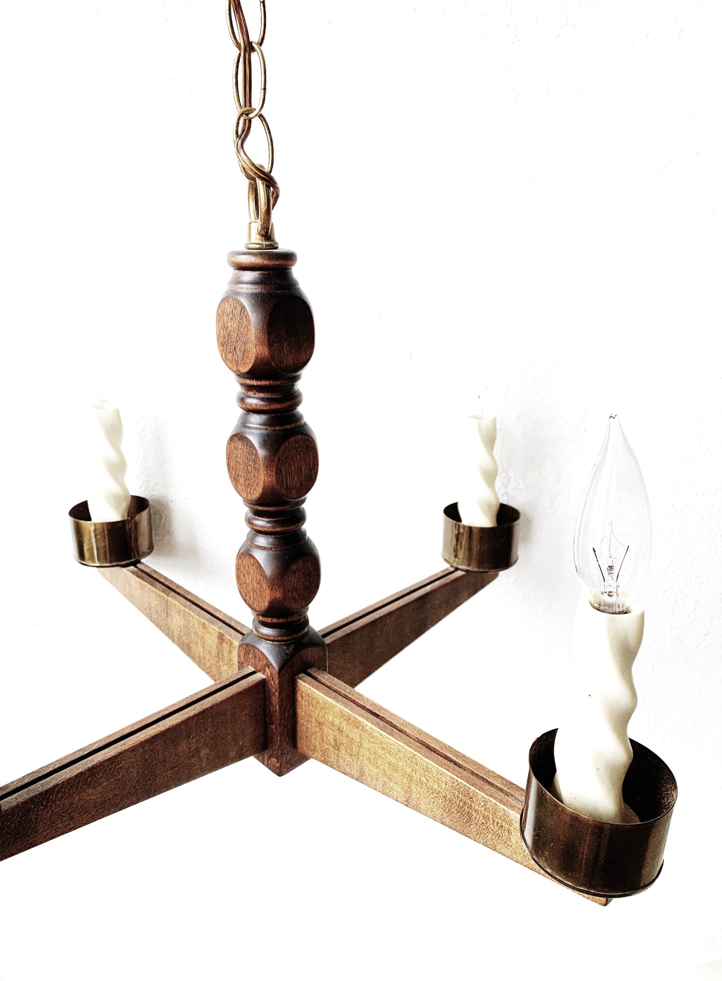 Vintage Wood and Brass Chandelier