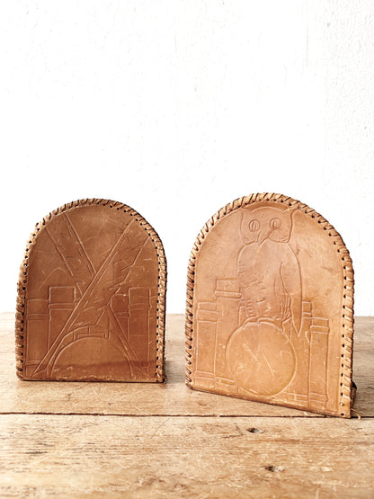 Vintage Tooled Leather Bookends