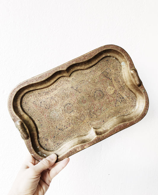 Vintage Hand Painted Incised Brass Tray