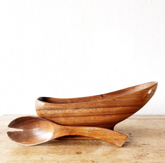Mid Century Teak Wood Bowl with Server