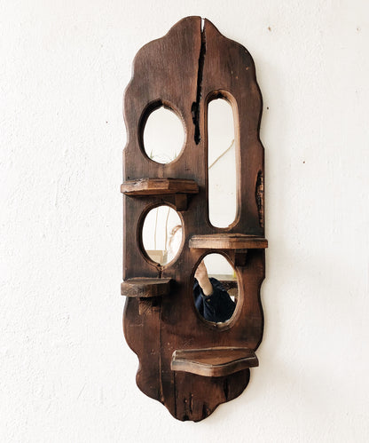 Vintage Handmade Worm Wood Mirror Shelf