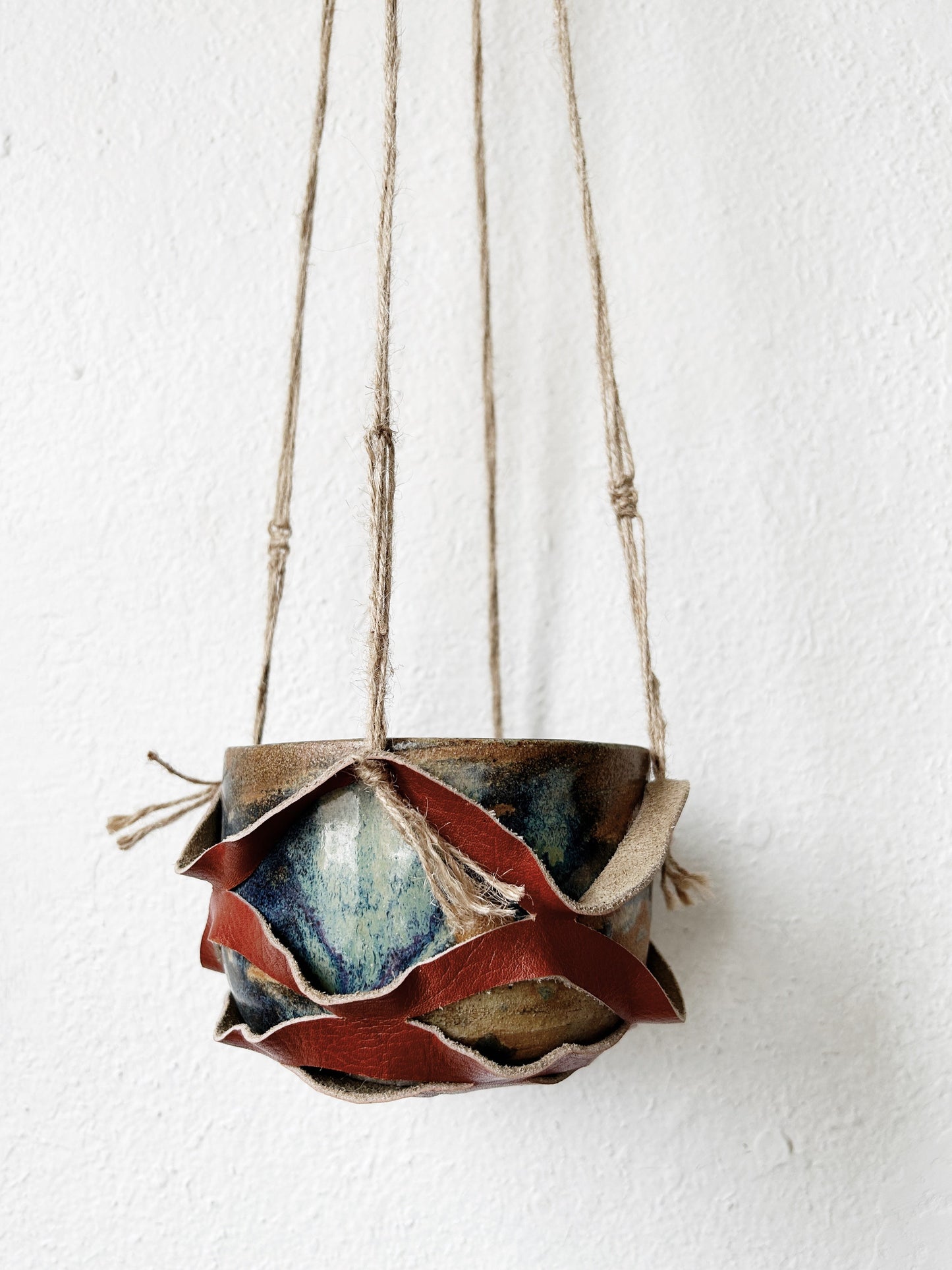 Handmade Leather Hanger with Vintage Stoneware Pot
