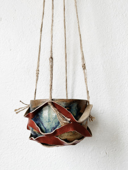 Handmade Leather Hanger with Vintage Stoneware Pot