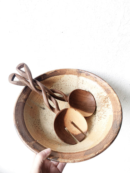 Large Pottery Bowl with Olive Wood Servers