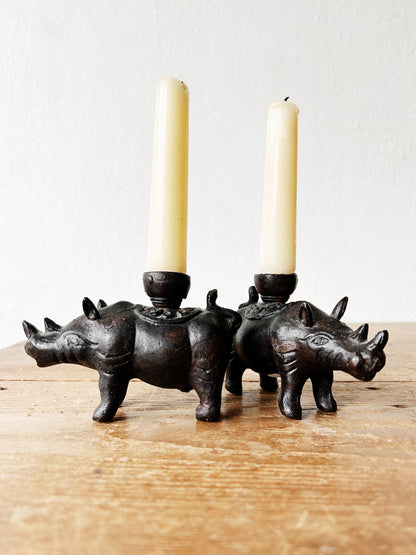 Vintage Pair of Indonesian Cast Iron Rhinoceros Candle Holders
