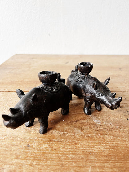 Vintage Pair of Indonesian Cast Iron Rhinoceros Candle Holders