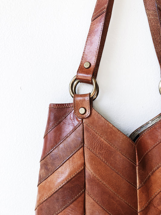 Vintage 1970s Herringbone Leather Tote