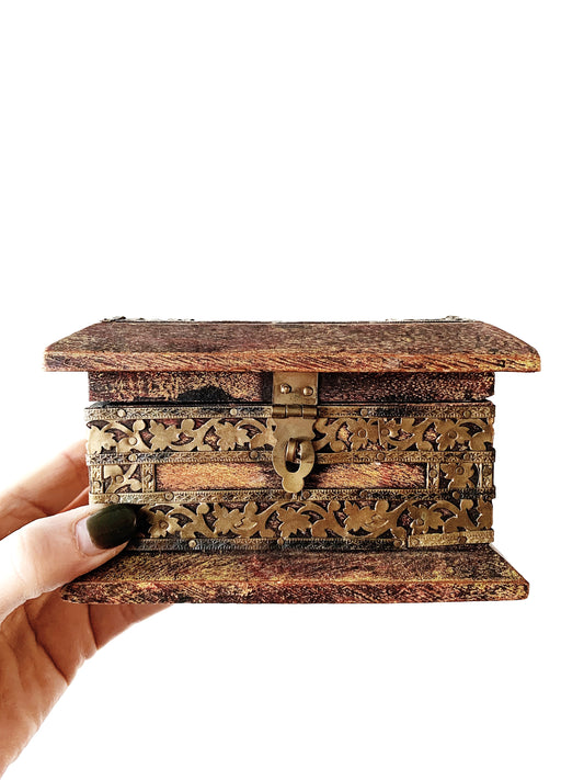 Antique Carved Wood With Brass Box