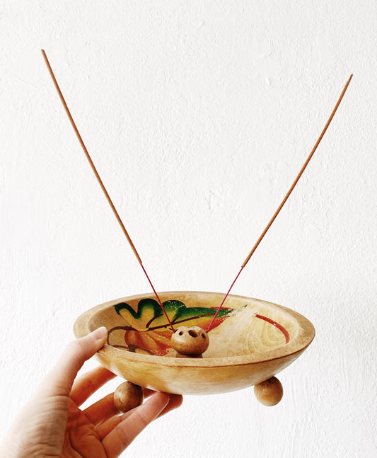 Vintage Hand Painted Footed Wood Incense Bowl