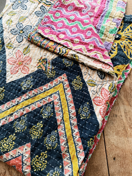 Vintage Reversible Cotton Kantha Quilt