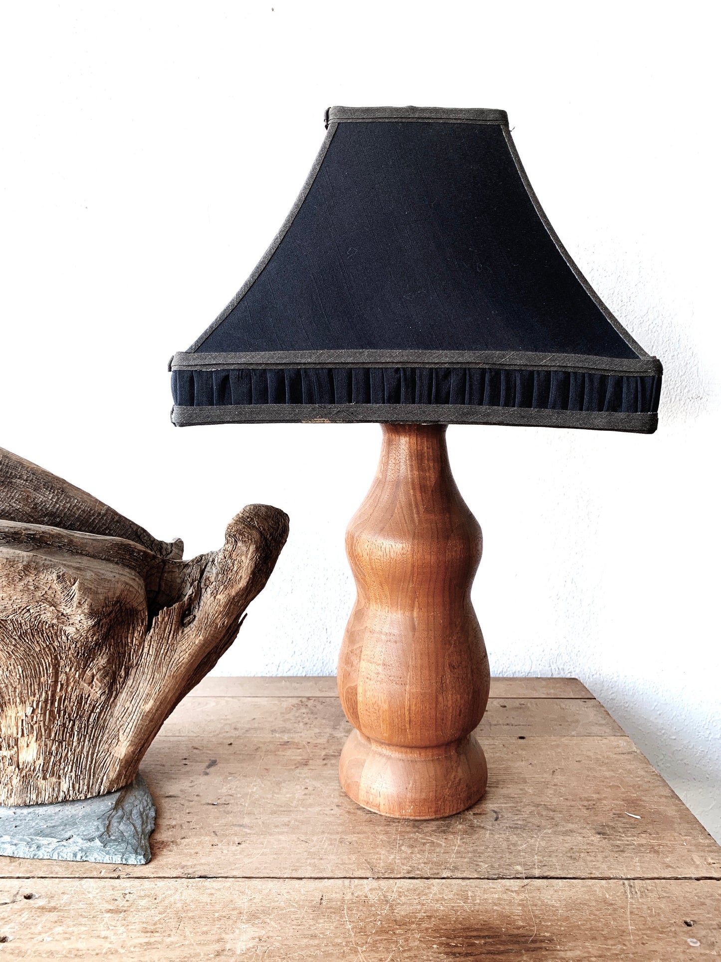 Handmade Turned Wood Lamp with or without Vintage Silk Shade