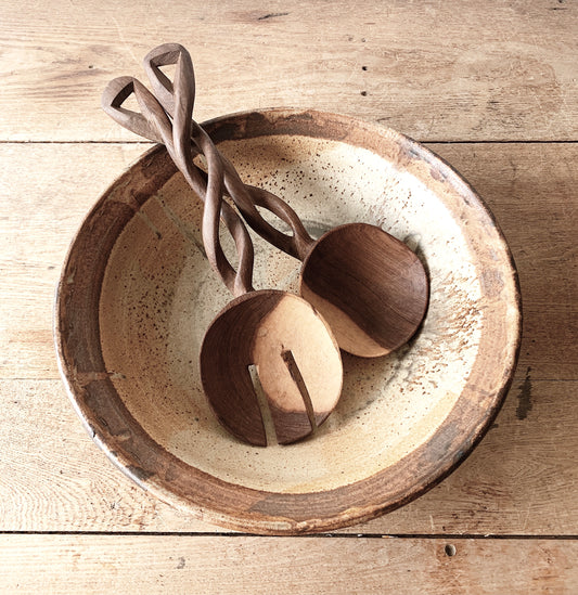 Large Pottery Bowl with Olive Wood Servers